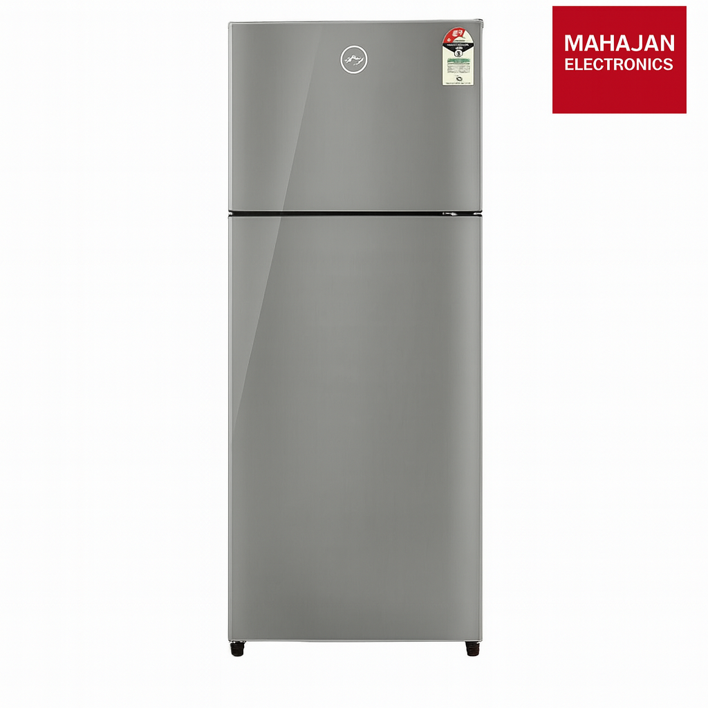 Gray refrigerator with Mahajan Electronics logo on a white background