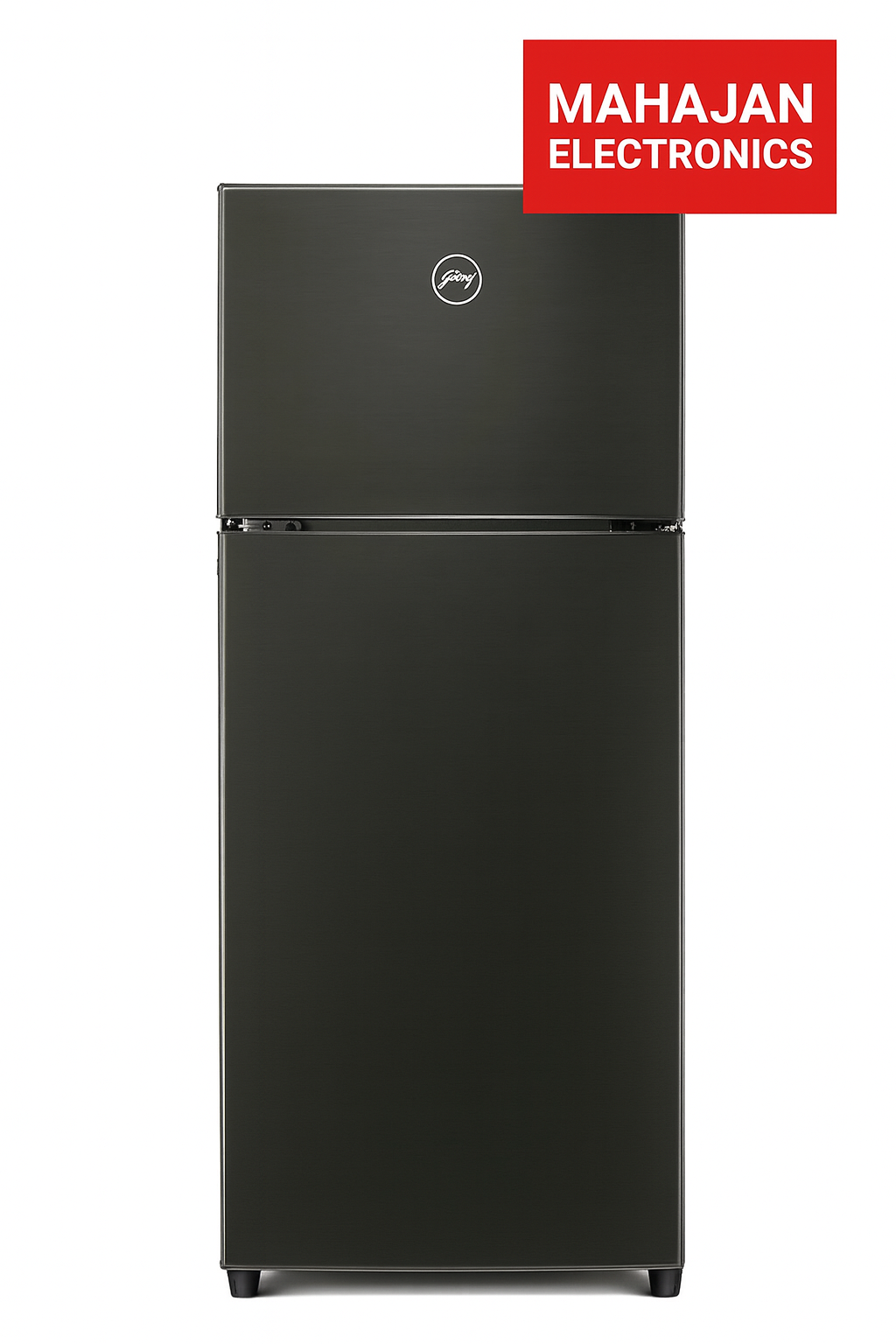 Black refrigerator with Mahajan Electronics logo on a white background