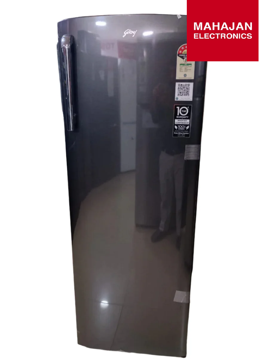 Black refrigerator with Mahajan Electronics logo on a white background