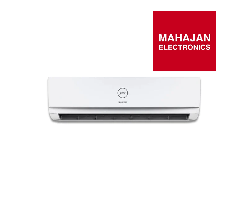 White air conditioner with Mahajan Electronics logo on a white background