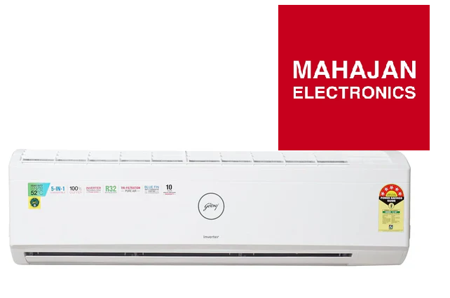 White air conditioner with Mahajan Electronics logo on a white background