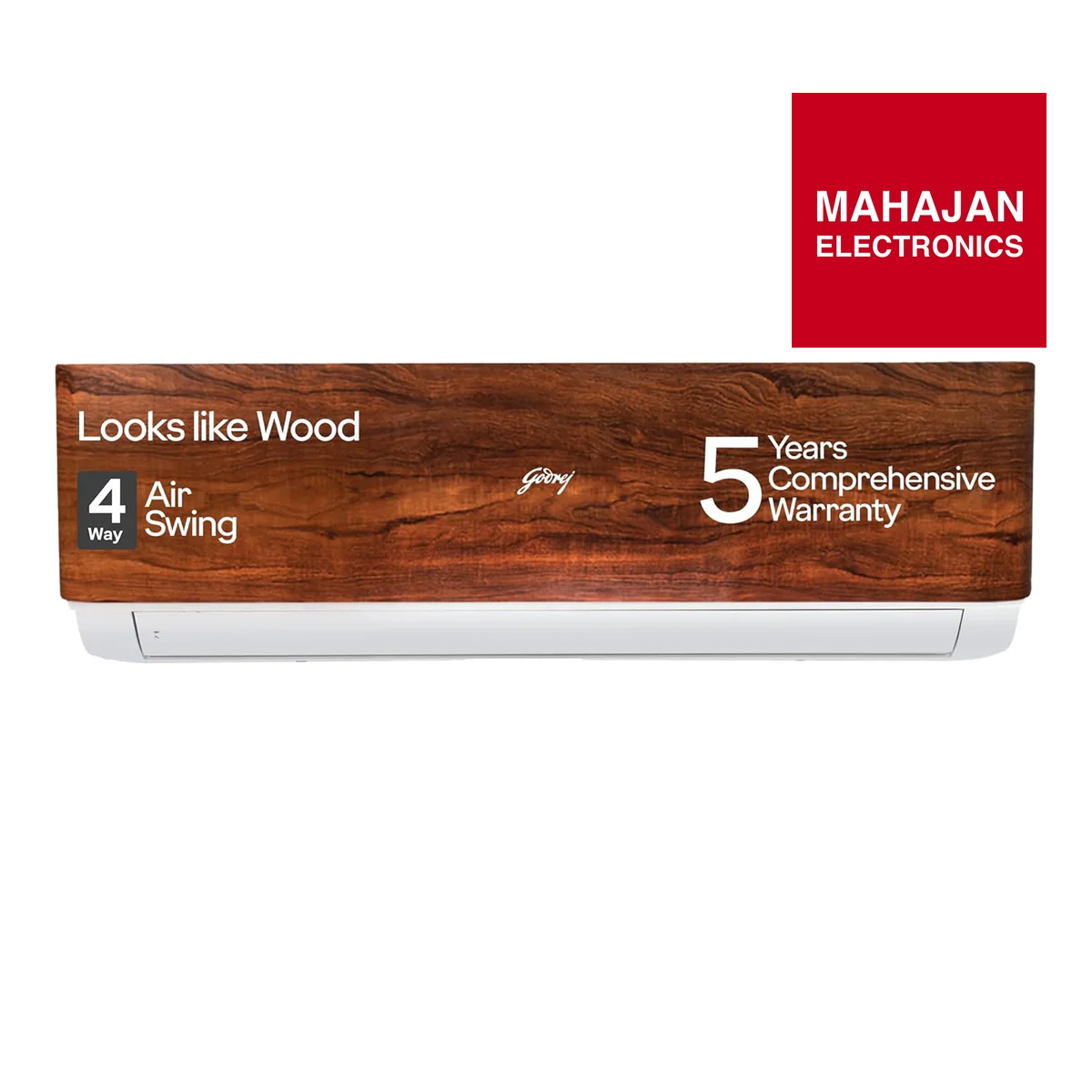 Air conditioner with wooden finish and Mahajan Electronics logo on a white background