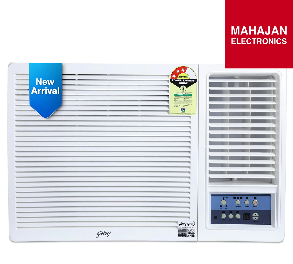 White air conditioner with 'New Arrival' tag and Mahajan Electronics logo.