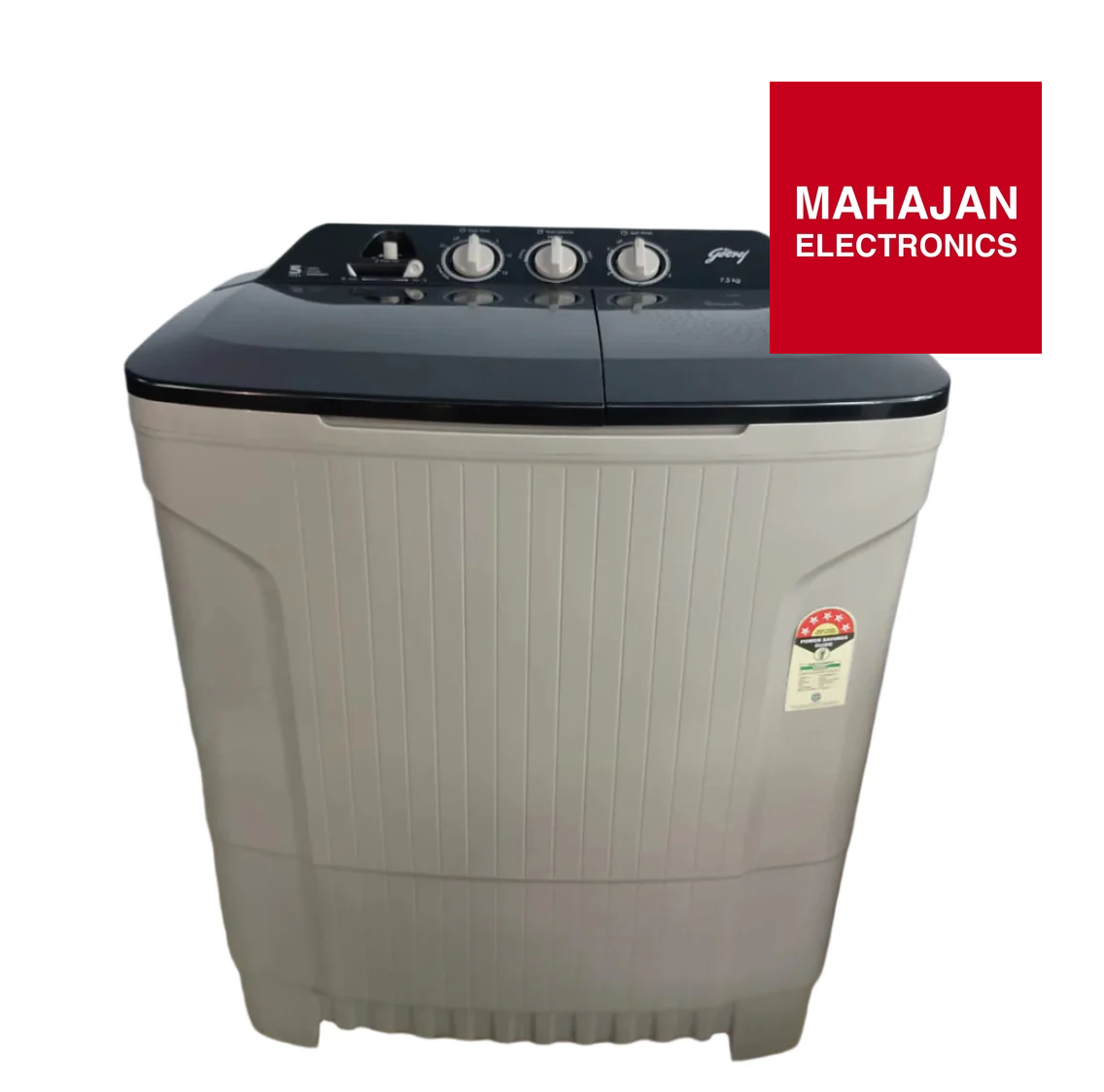 Washing machine with Mahajan Electronics logo on a white background
