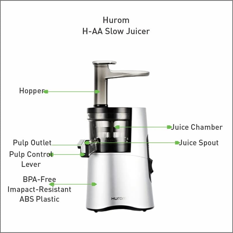 Hurom H-Aa Slow Cold Press Juicer Slow Squeeze Alpha Technology All-In-One Juicer Make Juice, Smoothies, Nut Milk, Sorbet , Matte Silver, 150 Watts