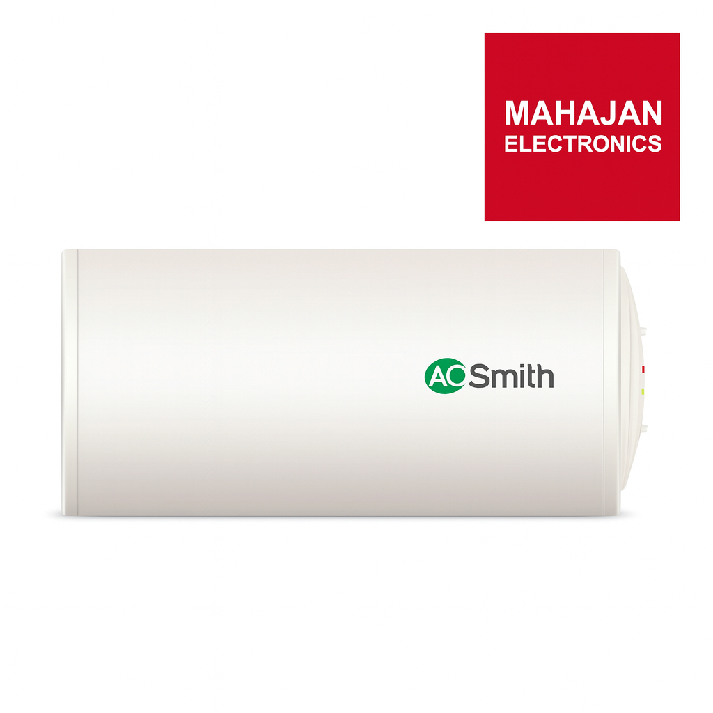 White cylindrical water heater with A.O. Smith logo on a white background, featuring Mahajan Electronics branding.