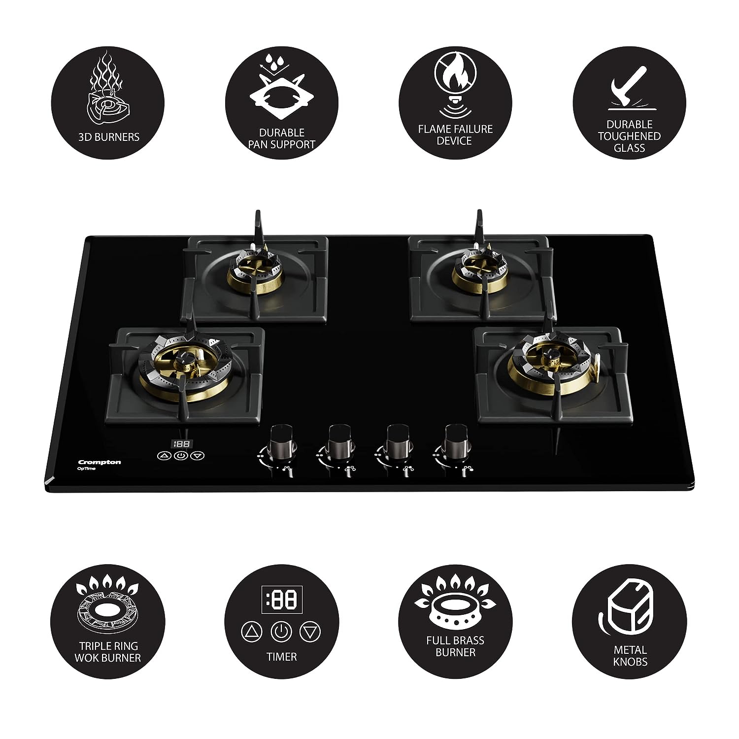 Crompton HOB-OPFB784TI-MBL 78 cm 4 Burner Hob Optime Series - Mahajan Electronics Online