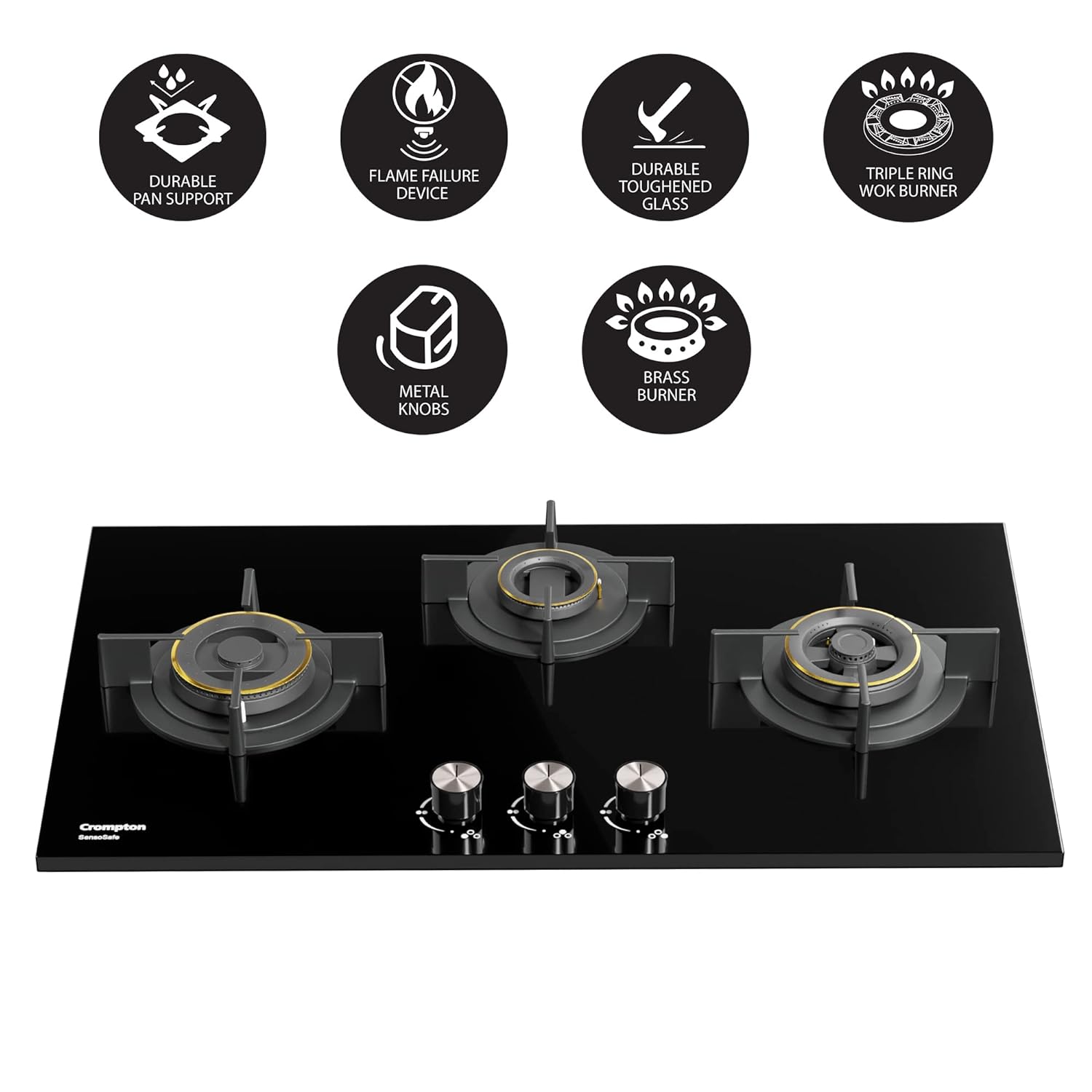 Crompton HOB-SSHB783-MBL Built-In Gas Hob SensoSafe HalfBrass 78cm 3 Burners Midnight Black - Mahajan Electronics Online