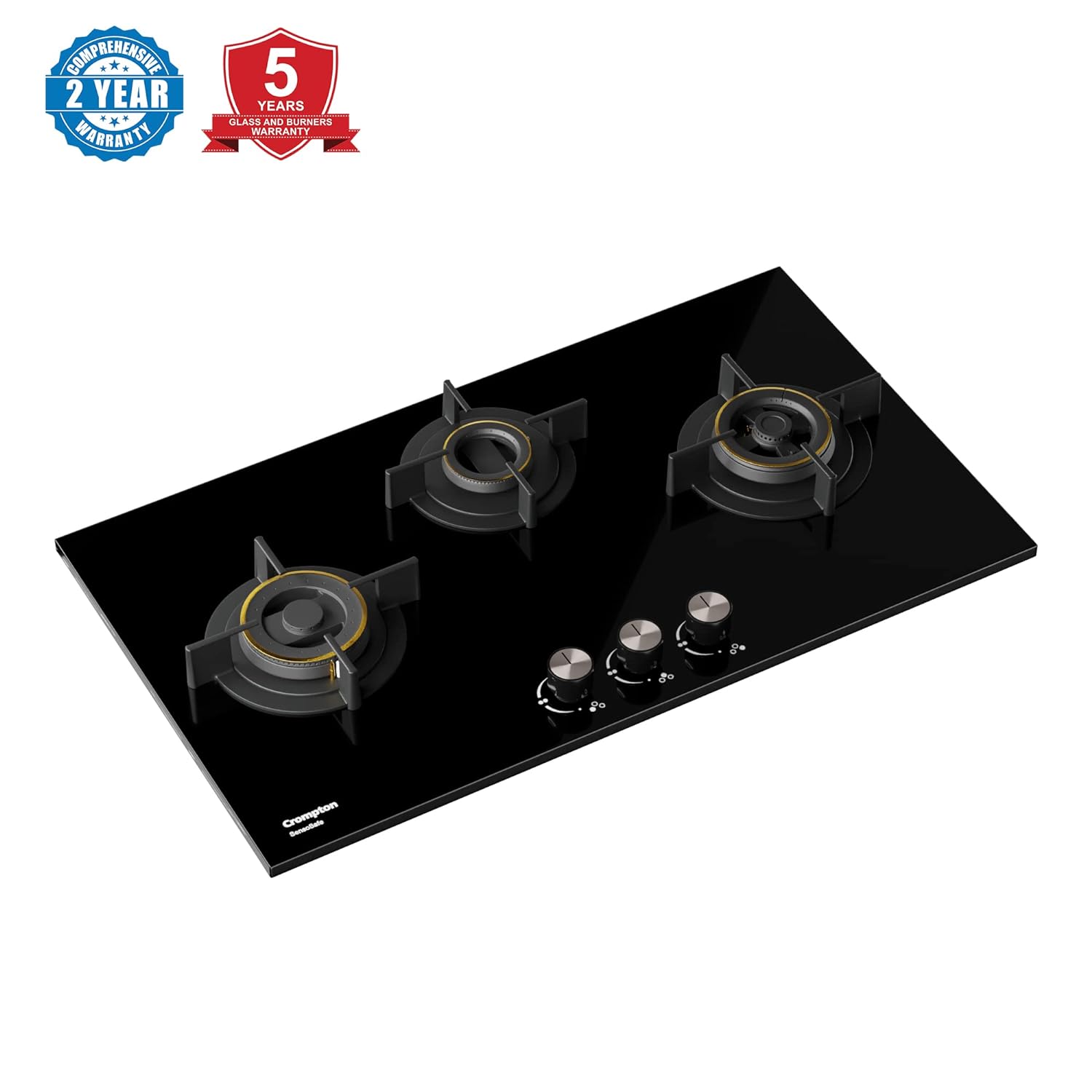 Crompton HOB-SSHB783-MBL Built-In Gas Hob SensoSafe HalfBrass 78cm 3 Burners Midnight Black - Mahajan Electronics Online