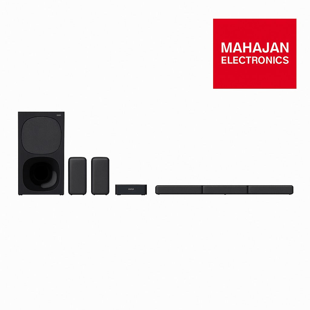 Black home theater system with speakers and a soundbar on a white background, featuring Mahajan Electronics logo.