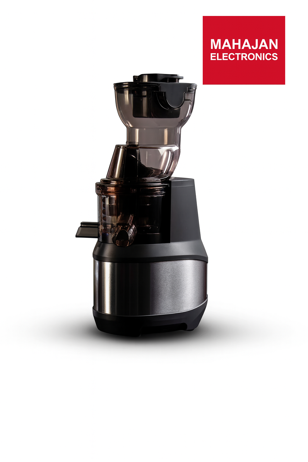 Black juicer with Mahajan Electronics logo on a white background