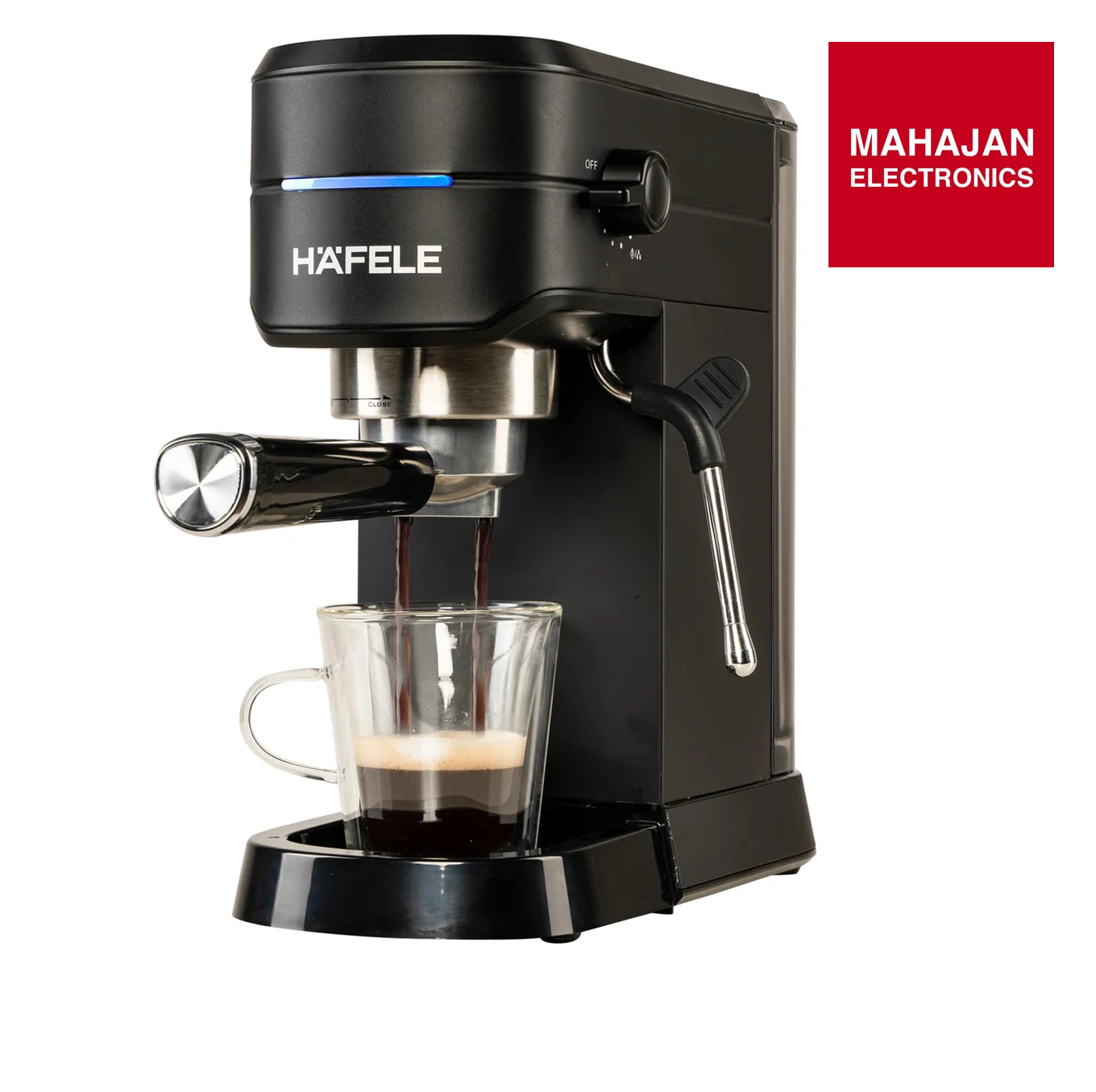 Black Hafele espresso machine with a glass cup of coffee on a white background, featuring Mahajan Electronics logo.