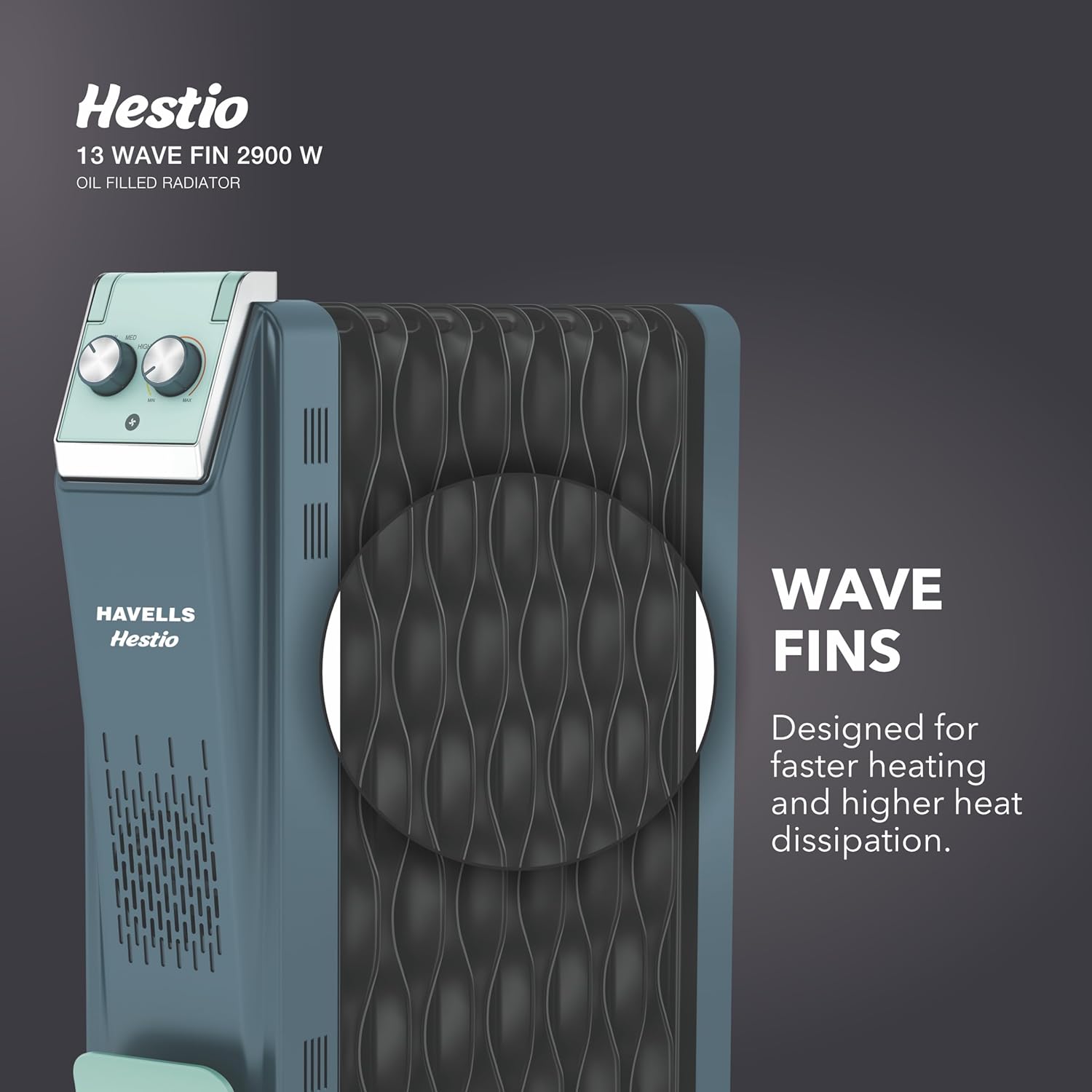 Havells GHROFCLN290 Hestio 13 Wave Fin OFR 2900 Watt with 3 Heat Setting "1000W/1500W/2500W" & PTC Heater 400W (Blue & Black) - Mahajan Electronics Online