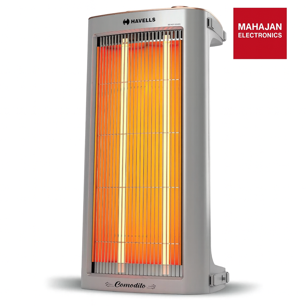 Havells Comodito 900 Watt Room Heater | Safety Grill, 120 Minute Sleep Timer Control knob | Rust Free Stainless Steal Reflector, Carbon Fiber Rods, Power Off & Heat Setting | (Pack of 1, Grey) GHRGHCHE090 Mahajan Electronics Online
