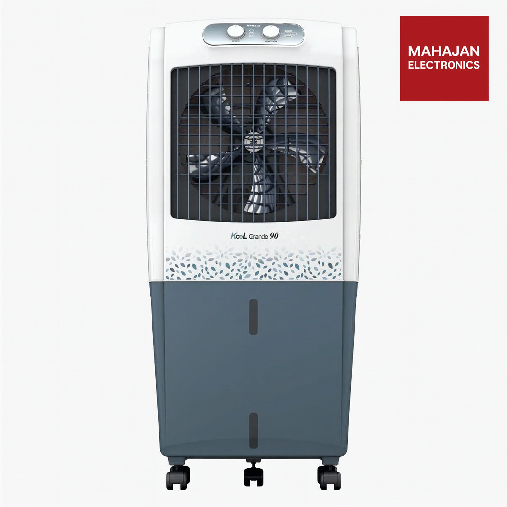 Havells KoolGrande GHRACCE090 90L Desert Air Cooler | 3-Side Honeycomb Pads with Bacteria Shield, Ice Chamber, Bed Height Fan, Inverter Compatible | White & Grey