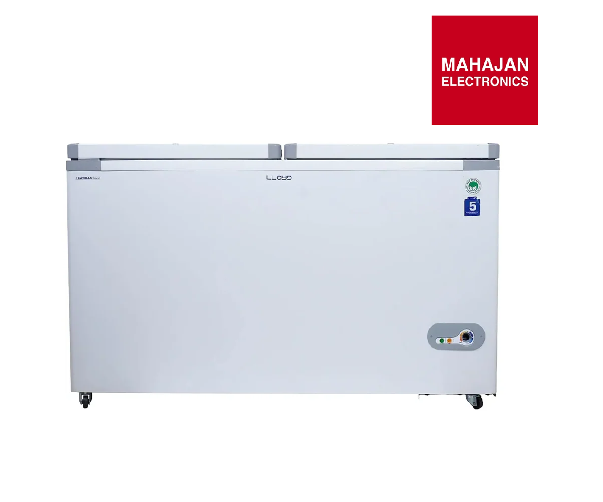 White freezer with Mahajan Electronics logo on a white background