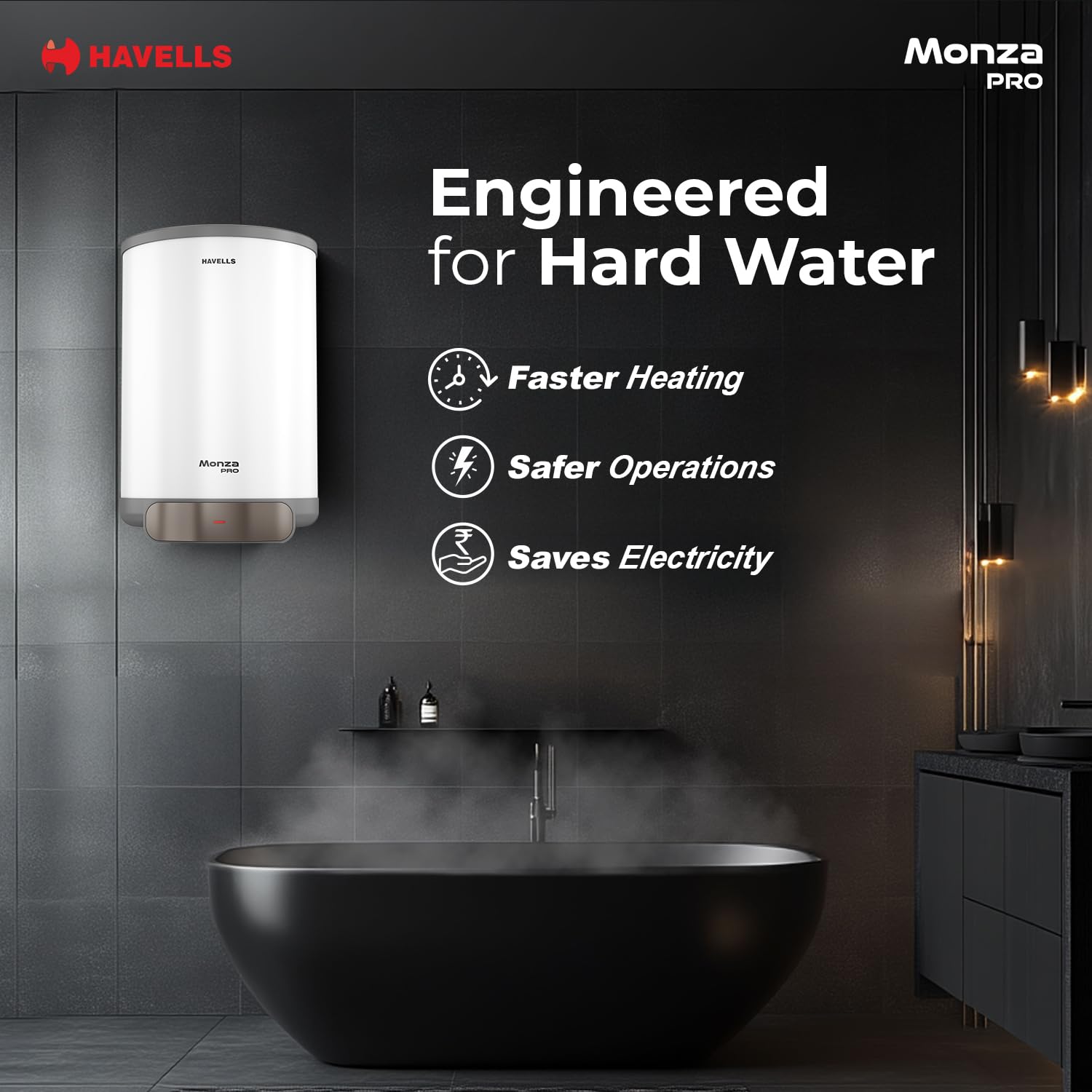Havells Monza Pro 25L Storage Water Heater(Geyser)|4 Star Engineered for Hard Water|Feroglas Coated Anti Rust Tank|Mcoloy Heating Element GHWVMPUWAG25-Online Mahajan Electronics