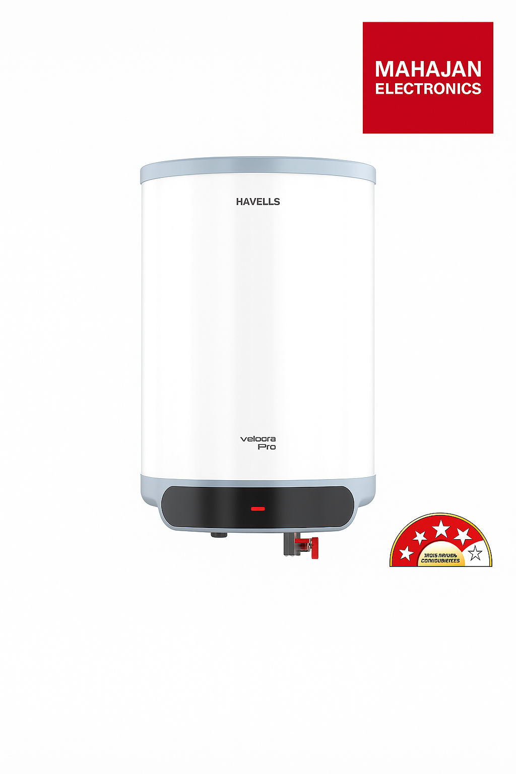 White water heater with Havells branding on a white background, featuring Mahajan Electronics logo.
