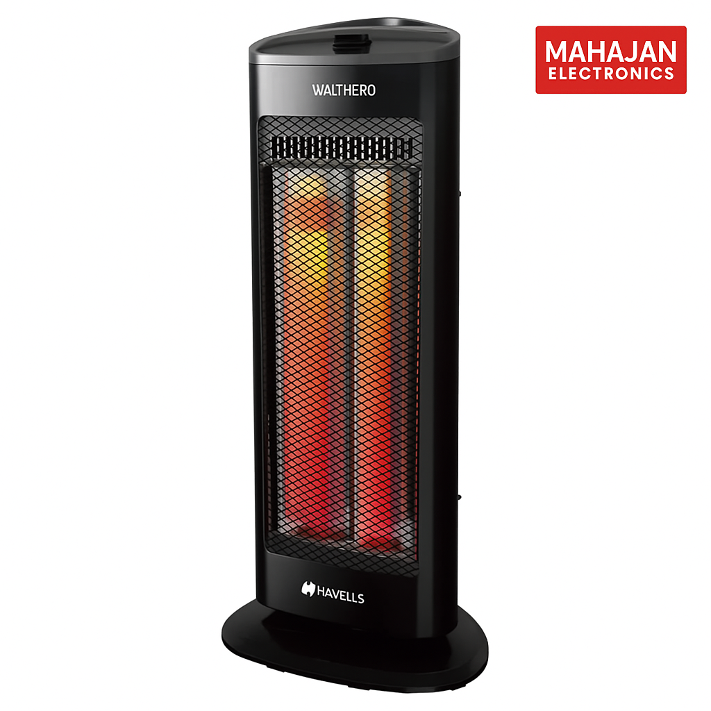 Havells Walthero Carbon Black 1000W Tower Room Heater | Dual Heat Settings | Tip-Over Safety | Oscillation | Rust-Free Reflector | Made in India