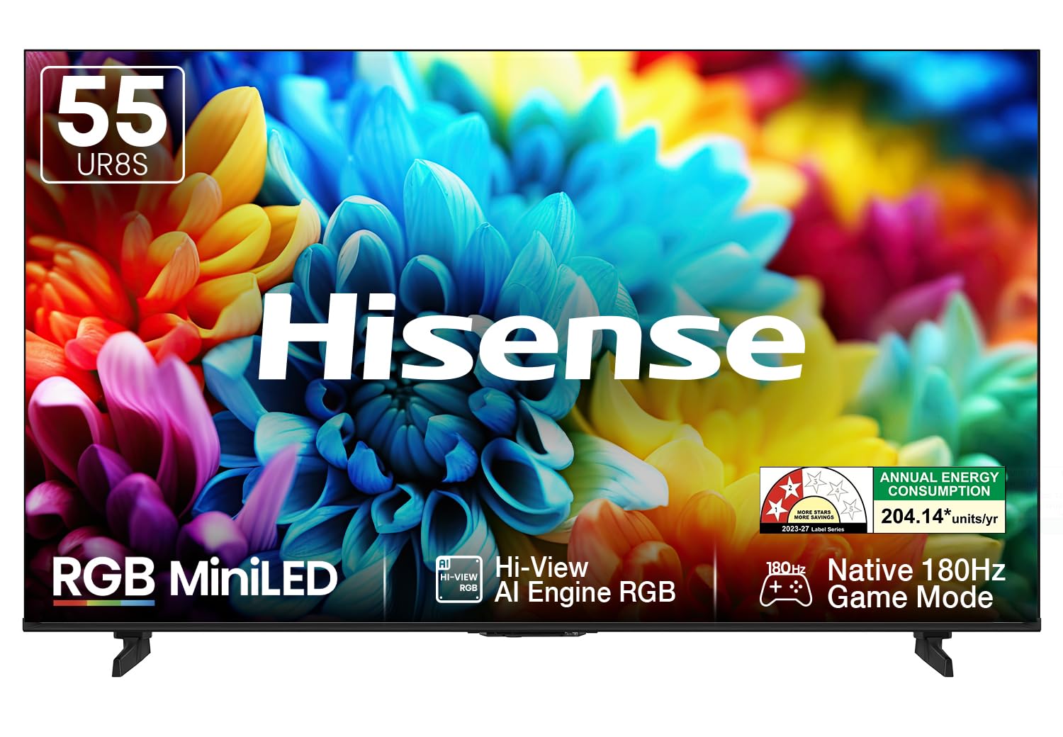 Hisense 55 Inch 55UR8S | RGB MiniLED | Hi-View AI Engine RGB | Native 180Hz Game Mode | Up to 3500 nits Peak Brightness | IMAX Enhanced | 2.1.2 Multi-Channel Surround | AI RGB Light Sensor-Online Mahajan Electronics