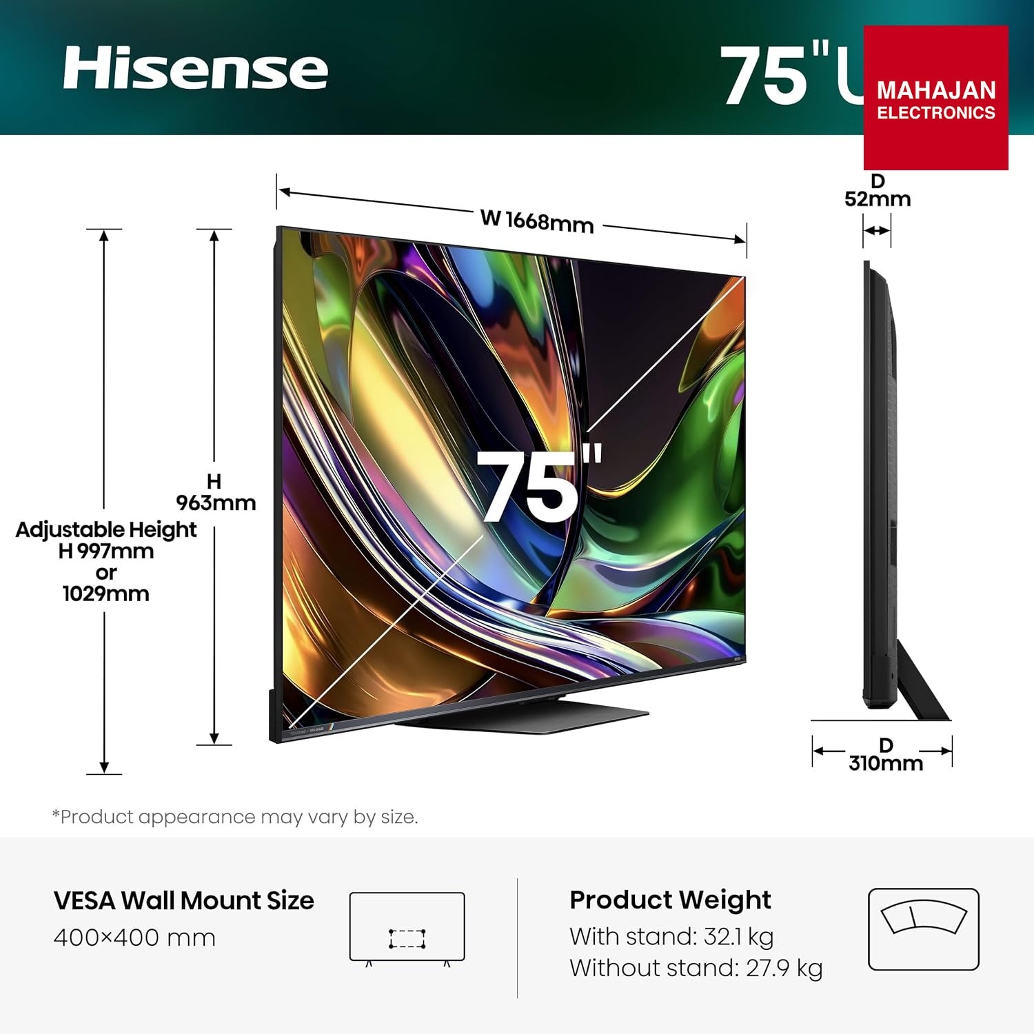 Hisense 75 Inch 75UR8S | RGB MiniLED | Hi-View AI Engine RGB | Native 180Hz Game Mode | Up to 3500 nits Peak Brightness | IMAX Enhanced | 2.1.2 Multi-Channel Surround | AI RGB Light Sensor-Online Mahajan Electronics