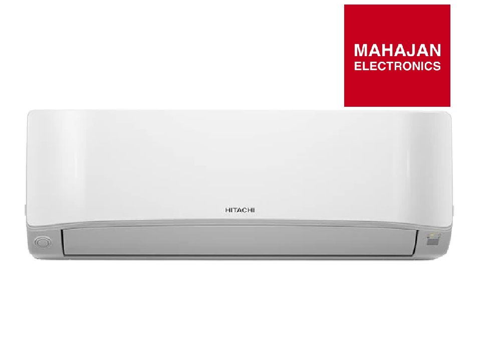 White Hitachi air conditioner with Mahajan Electronics logo on a white background