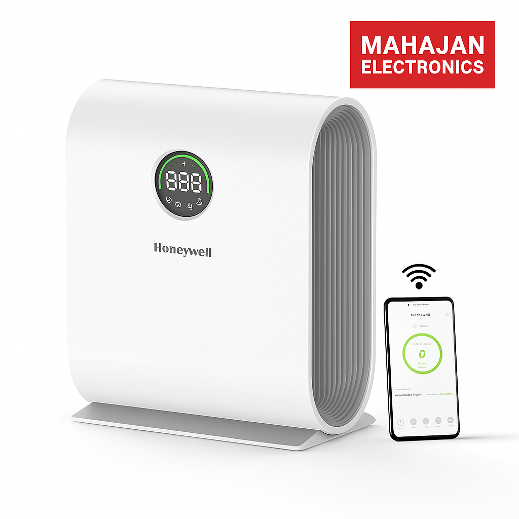 Honeywell air purifier with digital display and smartphone app icon, branded with Mahajan Electronics.
