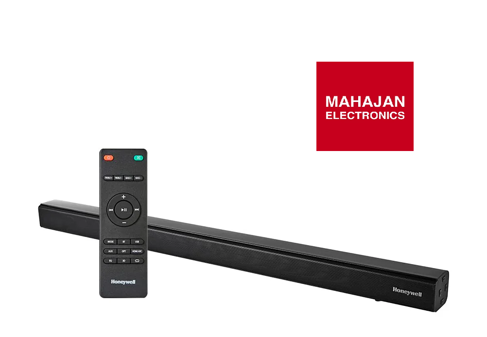 Black soundbar with remote control and Mahajan Electronics logo on a white background