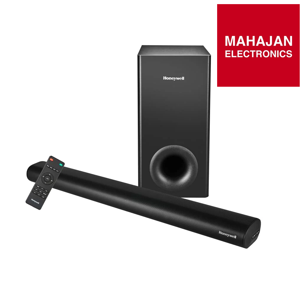 Black Honeywell speaker system with remote control on a white background, featuring Mahajan Electronics logo.