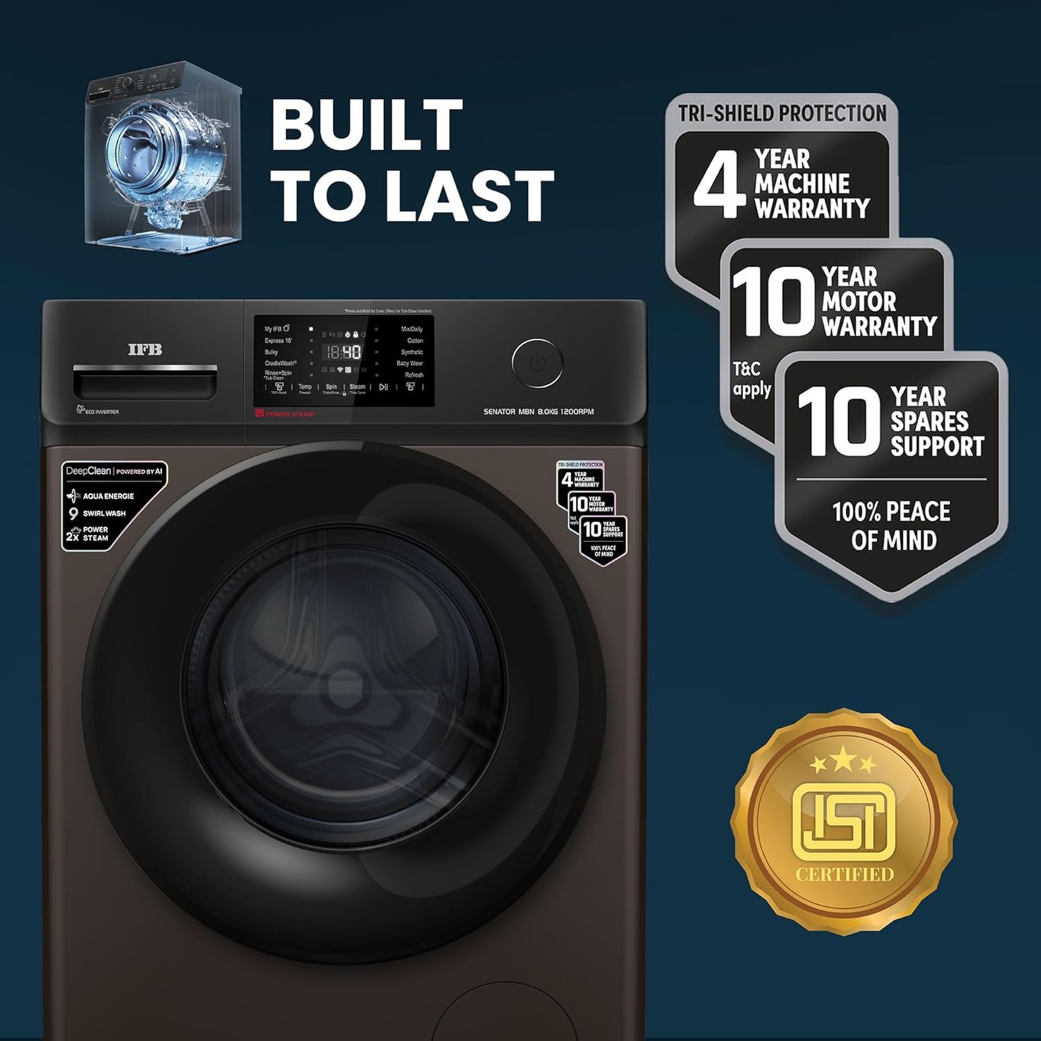 IFB SENATOR MBN 8012 CMS 8 Kg 5 Star, DeepClean® Technology, AI Powered, WiFi, Fully Automatic Front Load Washing Machine ( PowerSteam®, 9 Swirl, Steam Refresh, Inbuilt Heater, Eco Inverter, Mocha)-Online MAhajan Electronics