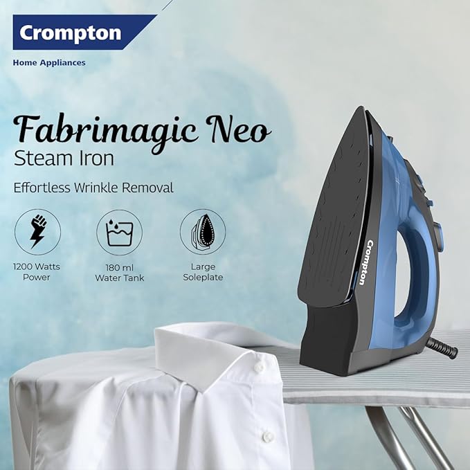 Crompton Fabrimagic Neo 1200 W Steam Iron with 180 ml water tank, Upto 15g /min Steam Output with Vertical Steaming and Non-Stick Soleplate (Blue), 6 Fabric Settings. Mahajan Electronics Online