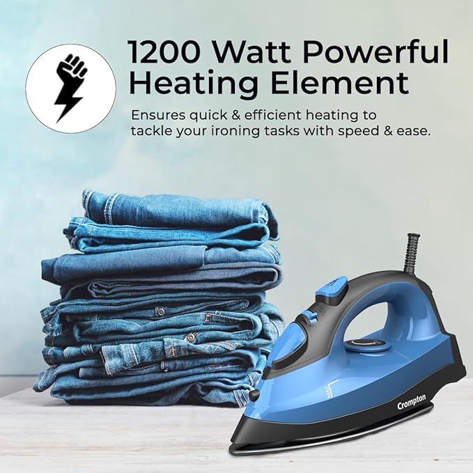 Crompton Fabrimagic Neo 1200 W Steam Iron with 180 ml water tank, Upto 15g /min Steam Output with Vertical Steaming and Non-Stick Soleplate (Blue), 6 Fabric Settings. Mahajan Electronics Online