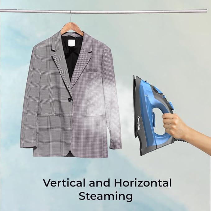 Crompton Fabrimagic Neo 1200 W Steam Iron with 180 ml water tank, Upto 15g /min Steam Output with Vertical Steaming and Non-Stick Soleplate (Blue), 6 Fabric Settings. Mahajan Electronics Online