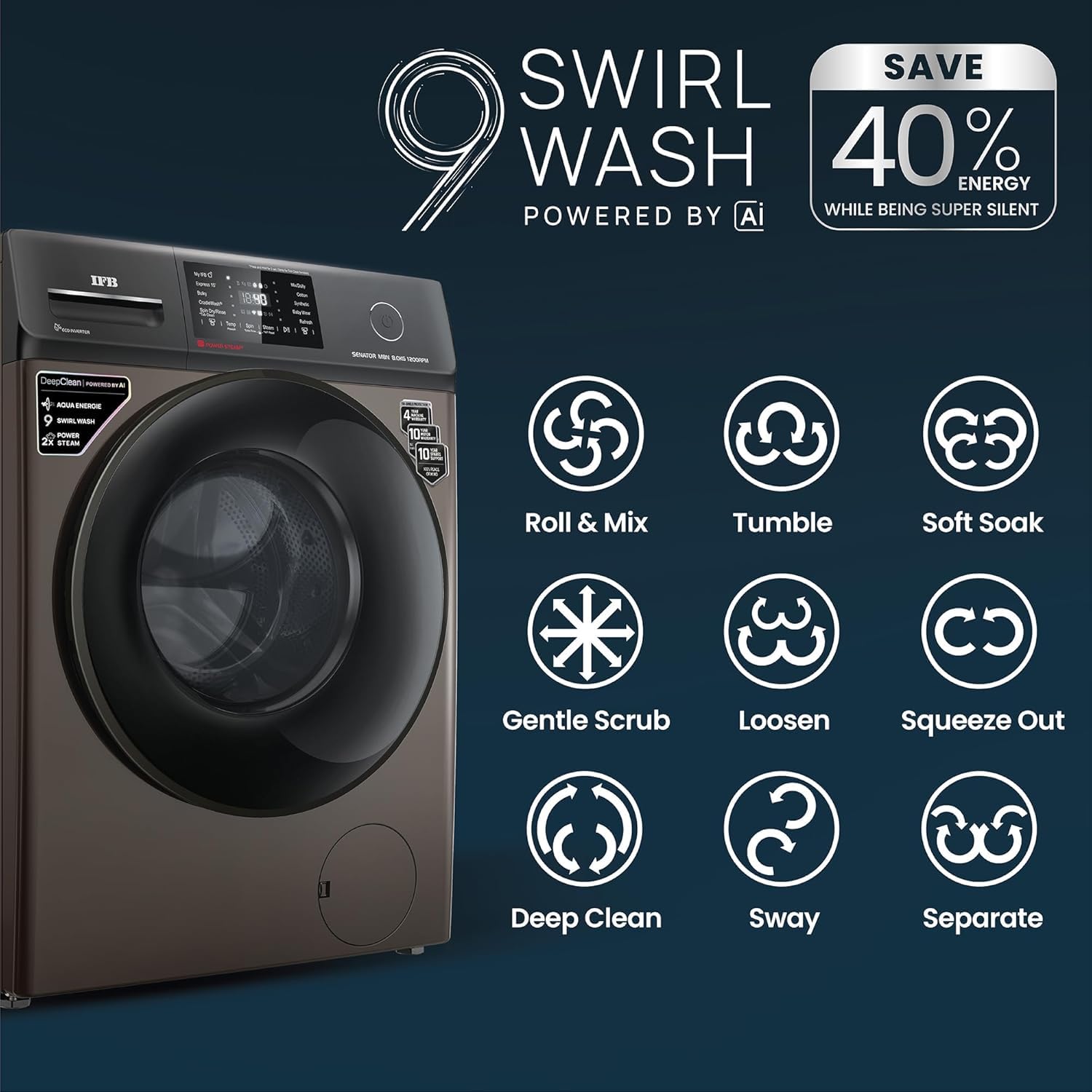IFB SENATOR MBN 8012 CMS 8 Kg 5 Star, DeepClean® Technology, AI Powered, WiFi, Fully Automatic Front Load Washing Machine ( PowerSteam®, 9 Swirl, Steam Refresh, Inbuilt Heater, Eco Inverter, Mocha)-Online MAhajan Electronics