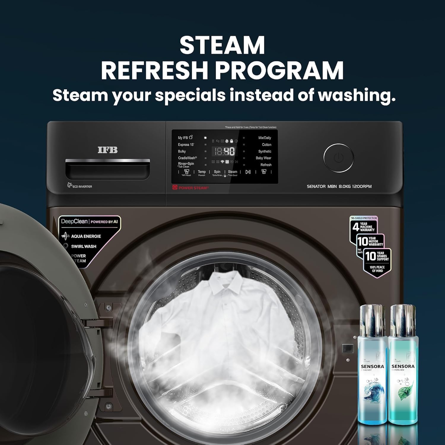 IFB SENATOR MBN 8012 CMS 8 Kg 5 Star, DeepClean® Technology, AI Powered, WiFi, Fully Automatic Front Load Washing Machine ( PowerSteam®, 9 Swirl, Steam Refresh, Inbuilt Heater, Eco Inverter, Mocha)-Online MAhajan Electronics