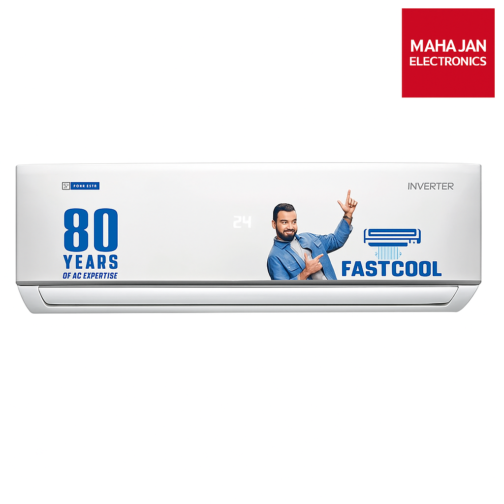 Air conditioner with a person and text on a white background, featuring Maha Jan Electronics logo.