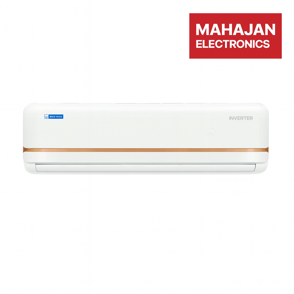 White air conditioner with Mahajan Electronics logo on a white background