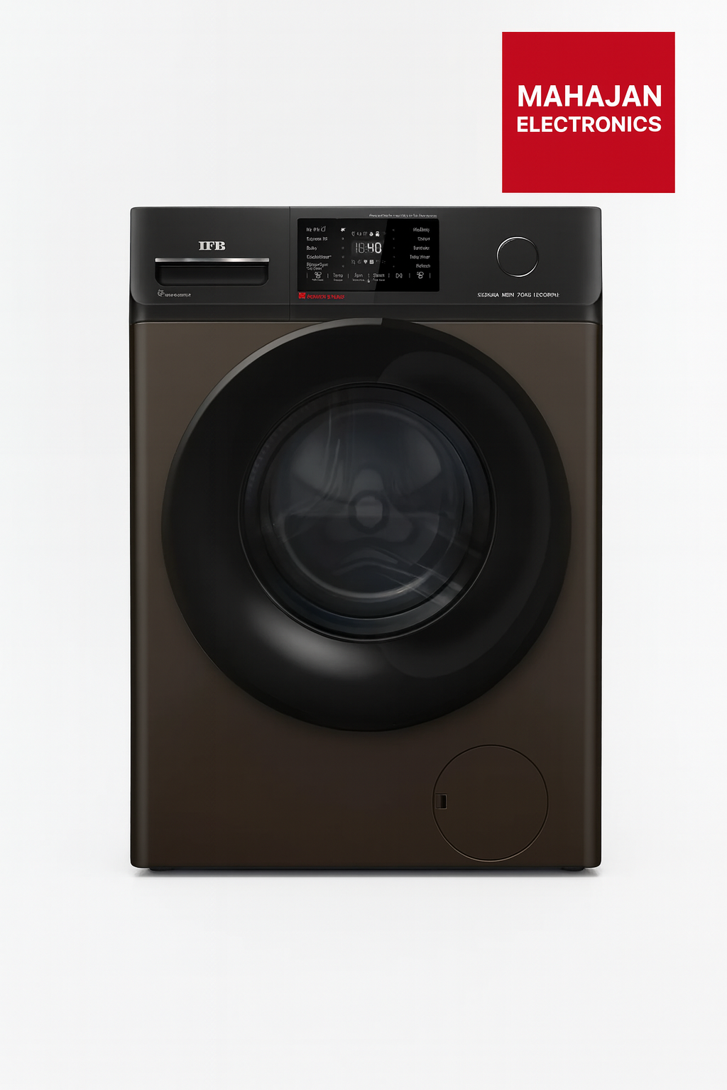 Black washing machine with Mahajan Electronics logo on a white background