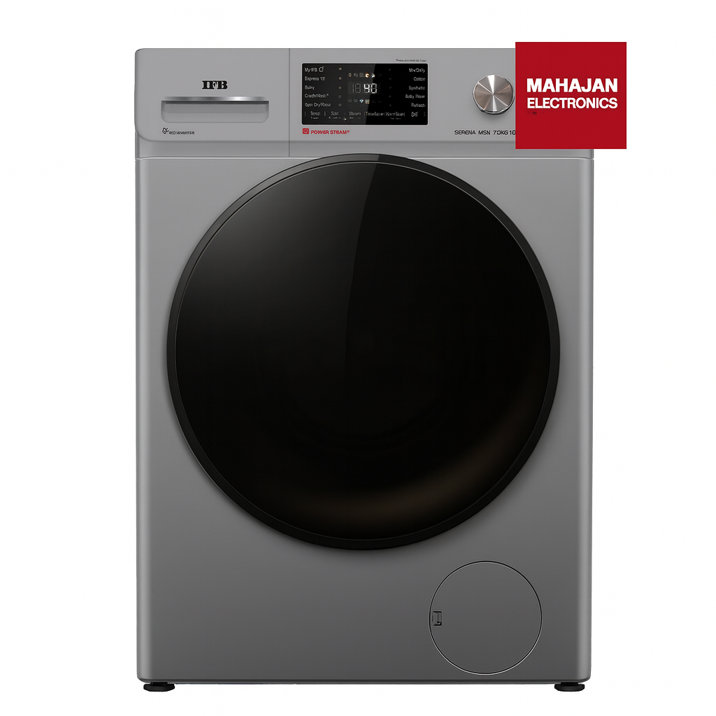 Gray washing machine with digital display and Mahajan Electronics logo on a white background
