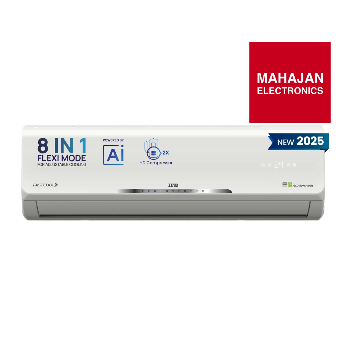 Air conditioner with Mahajan Electronics logo on a white background