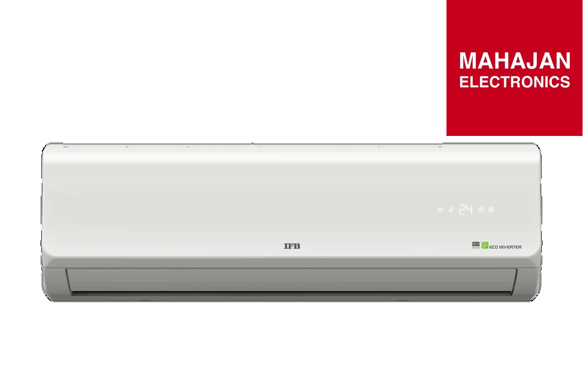 White air conditioner with Mahajan Electronics logo on a white background