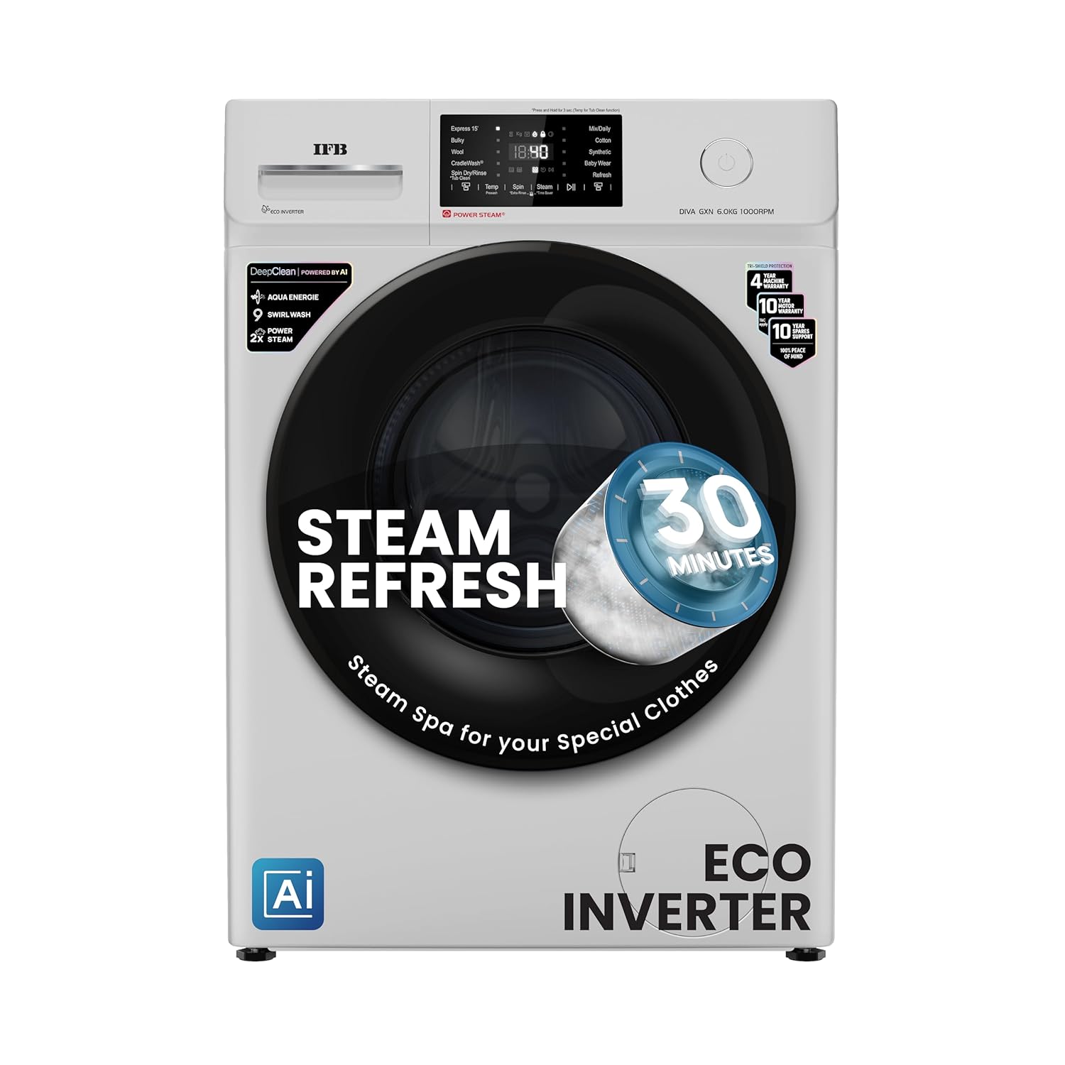 IFB DIVA GXN 6010 CMS 6 Kg 5 Star, DeepClean® Technology, AI Powered, Fully Automatic Front Load Washing Machine ( PowerSteam®, 9 Swirl, Steam Refresh, Inbuilt Heater, Eco Inverter, Grey) Mahajan Electronics Online