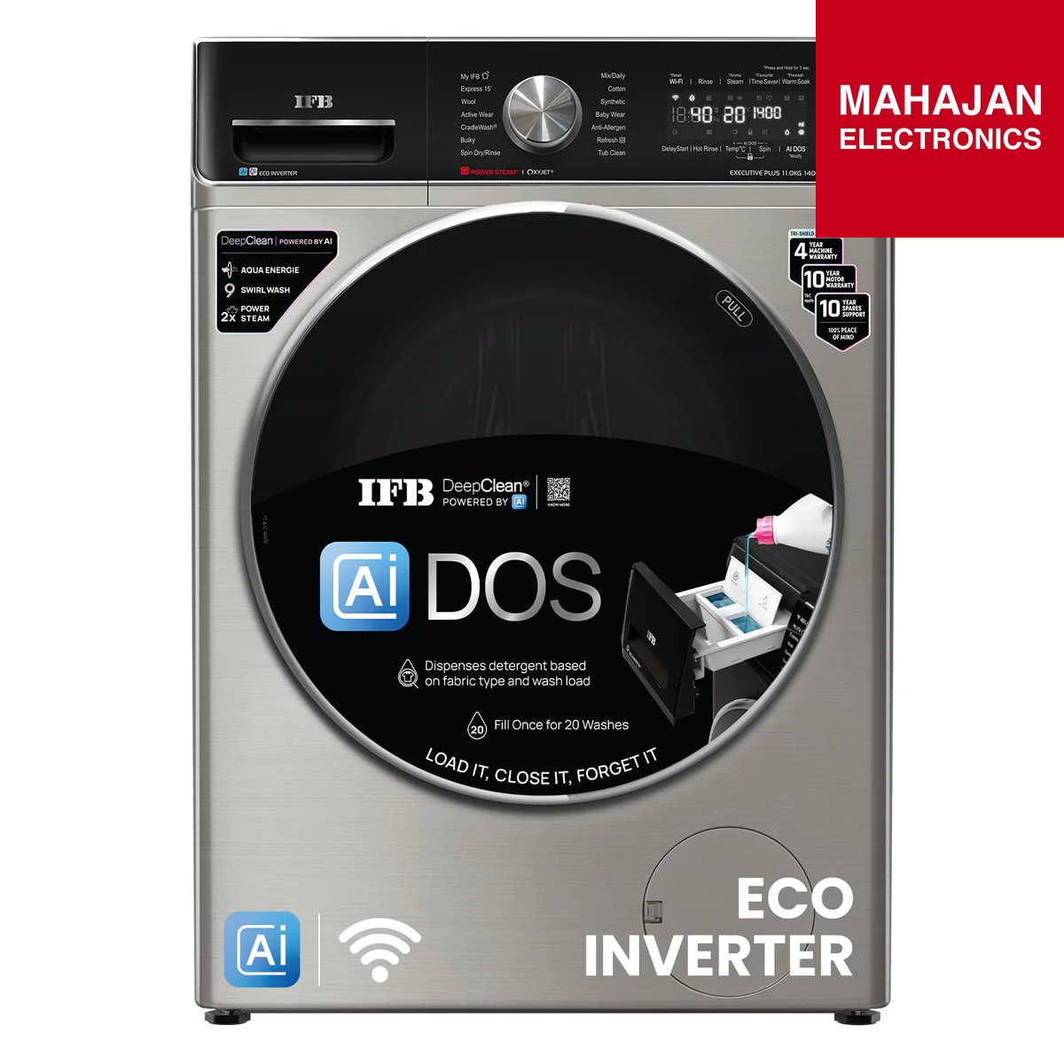 IFB EXECUTIVE PLUS VSG 1114 11 Kg 5 Star, DeepClean®, AI DOS, WiFi, Fully Automatic Front Load Washing Machine ( PowerSteam®, Oxyjet, 9 Swirl, Steam Refresh, Inbuilt Heater, Eco Inverter, SUS VCM) Mahajan Electronics