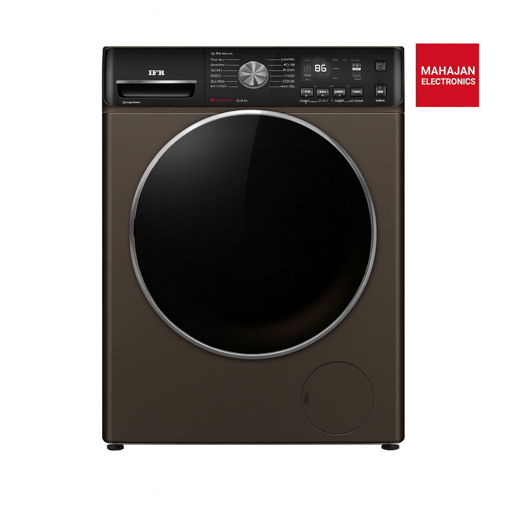 Black washing machine with Mahajan Electronics logo on a white background