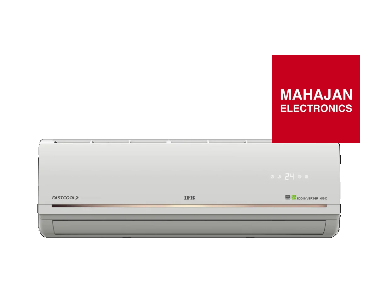 White air conditioner with Mahajan Electronics logo on a white background