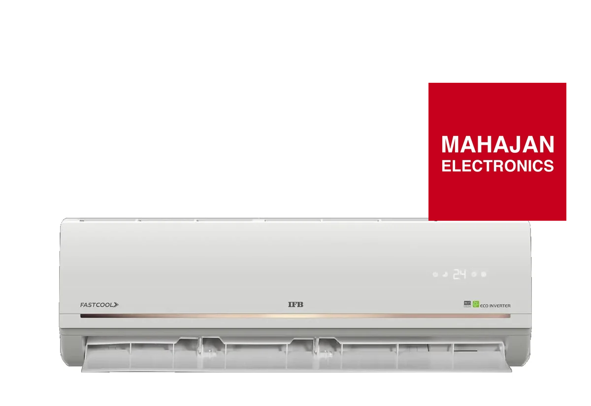 White air conditioner with Mahajan Electronics logo on a white background
