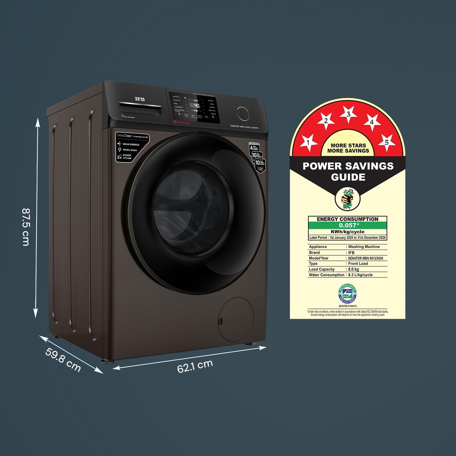 IFB SENATOR MBN 8012 CMS 8 Kg 5 Star, DeepClean® Technology, AI Powered, WiFi, Fully Automatic Front Load Washing Machine ( PowerSteam®, 9 Swirl, Steam Refresh, Inbuilt Heater, Eco Inverter, Mocha)-Online Mahajan Electronics