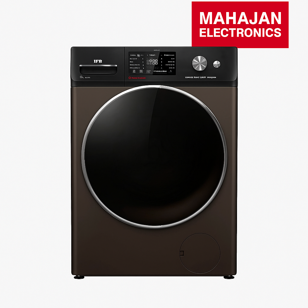 Black washing machine with Mahajan Electronics logo on a white background