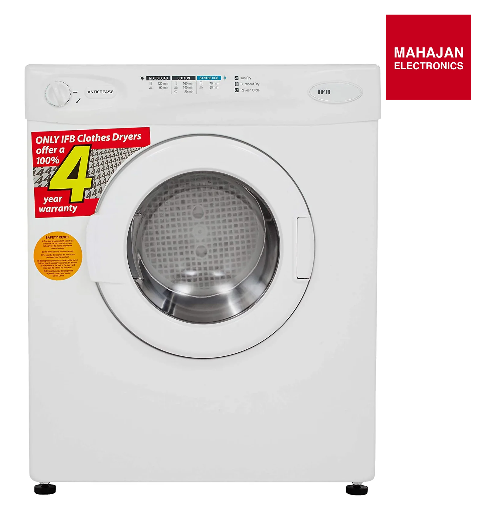 White dryer with promotional text and Mahajan Electronics logo on a white background