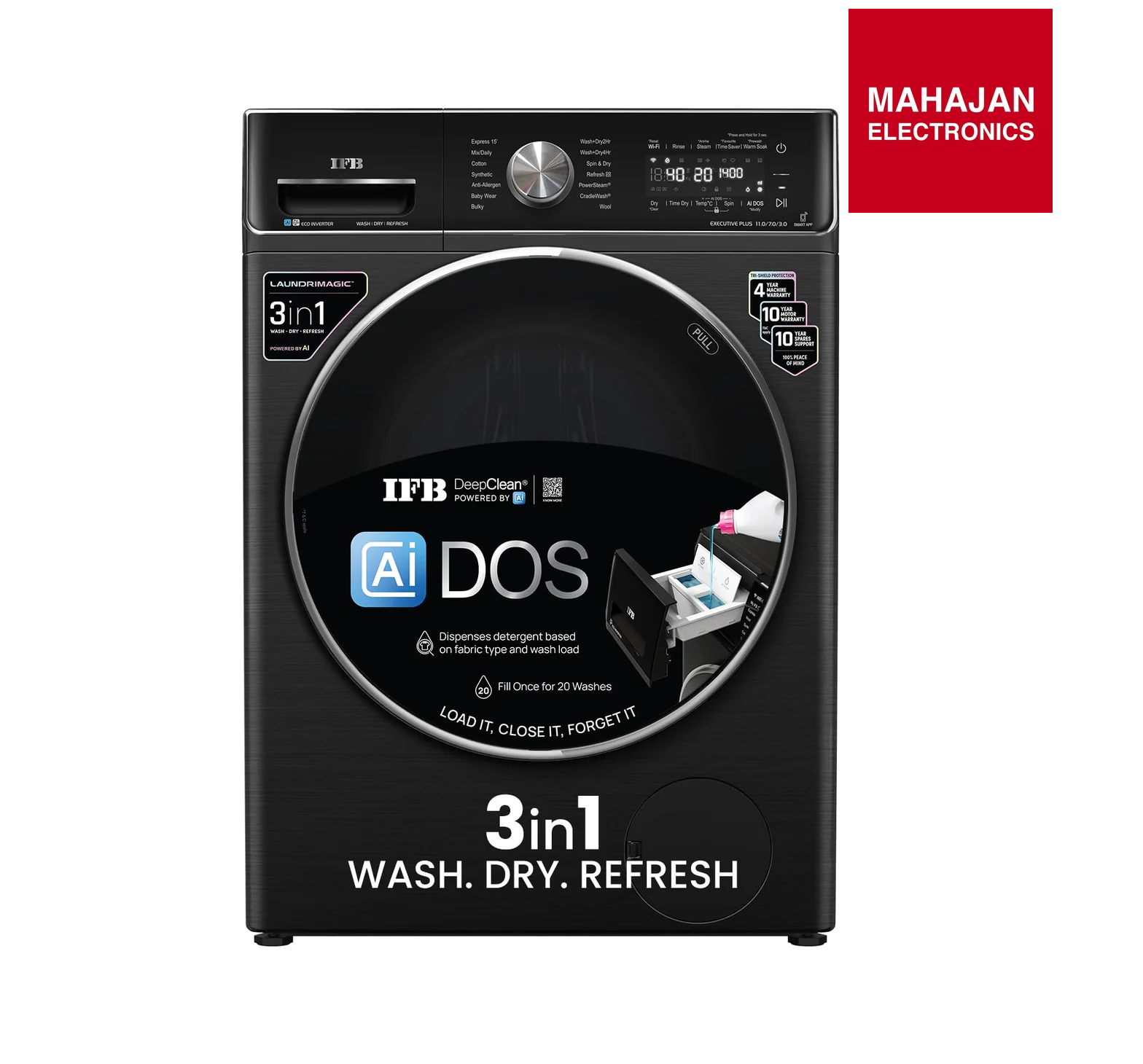 IFB WDR Executive Plus ZBG 11/7/3 kg Fully Automatic Washer Dryer Refresher with Steam Refresh, AI DOS, 100% Dry Clothes, 9 Swirl Wash Mimic Handwashing, WiFi & Eco Inverter Motor ( Black) Mahajan Electronics Online